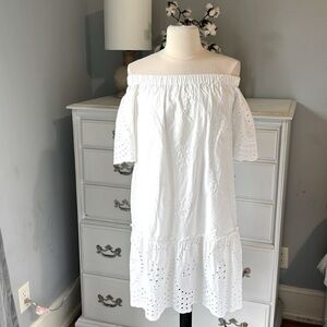 Boutique Eyelet Floral Embroidery White Cotton Off Shoulder Flutter Mini Dress